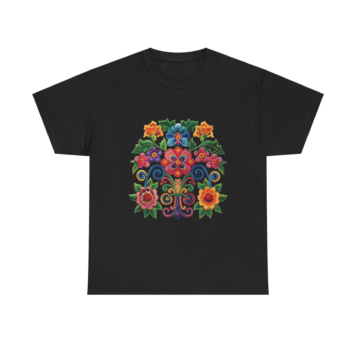 A black t-shirt with a colorful floral mosaic design on the front.