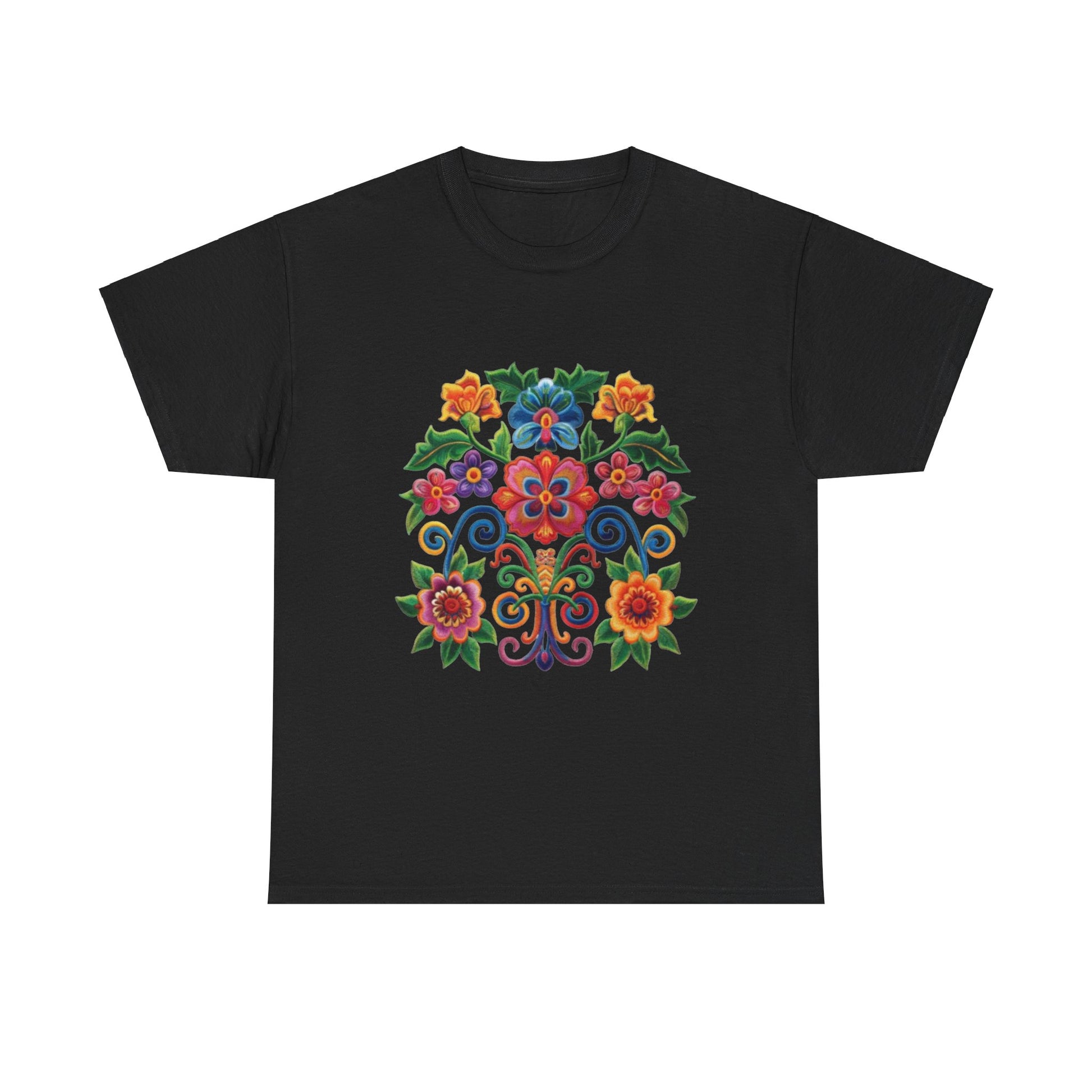 A black t-shirt with a colorful floral mosaic design on the front.