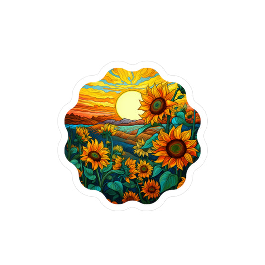A vinyl sticker with a vibrant illustration of sunflowers and a sunset, inspired by Vincent Van Gogh.